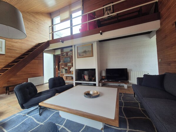 Smart TV, fireplace, DVD player, books