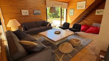 Smart-tv, een open haard, een dvd-speler en boeken