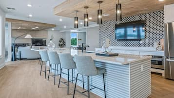 Fridge, dining tables