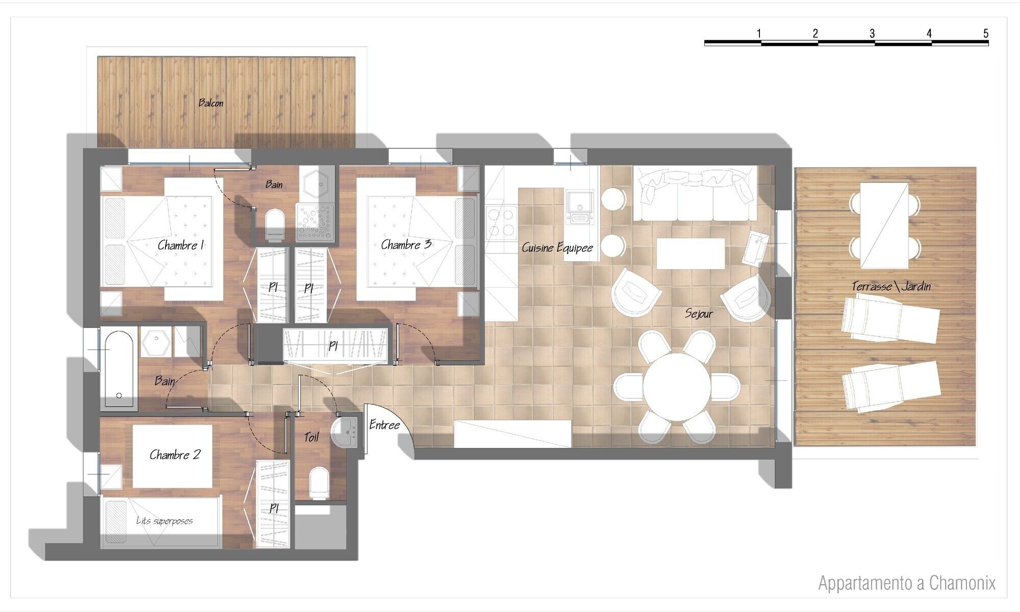Ein Grundriss einer Wohnung mit drei Schlafzimmern, einer Küche, einem Badezimmer, einem Wohnzimmer und einer Terrasse.
