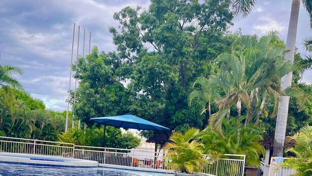 A swimming pool with clear blue water, surrounded by lush greenery and palm trees. - Hotel Mar Azul Neiva (Neiva)