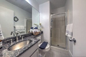 Great Value South End Studio | Bathroom | Hair dryer, bathrobes, towels, soap