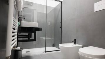Shower, hair dryer, bidet, towels