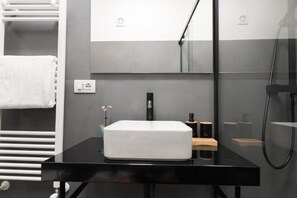 Shower, hair dryer, bidet, towels