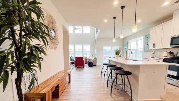 A modern kitchen with a central island, bar stools, and a large potted plant.