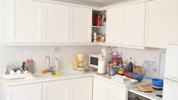 Apartemen Comfort, pemandangan kota | Dapur pribadi | Lemari es, microwave, oven, dan kompor