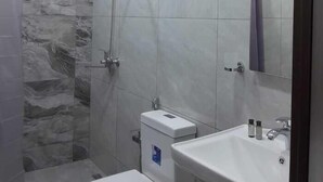 Een moderne badkamer met douche, toilet en wastafel.