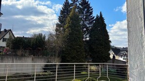 A view from a balcony with a railing, a clear blue sky, and a row of houses in the background. - Relax in the heart of the Eifel - vacation apartment with huge roof terrace (Hellenthal)