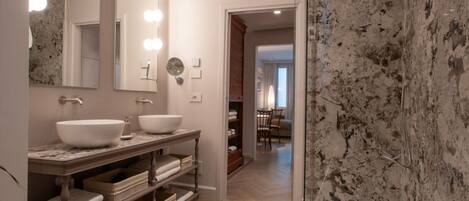 Shower, hair dryer, bidet, towels