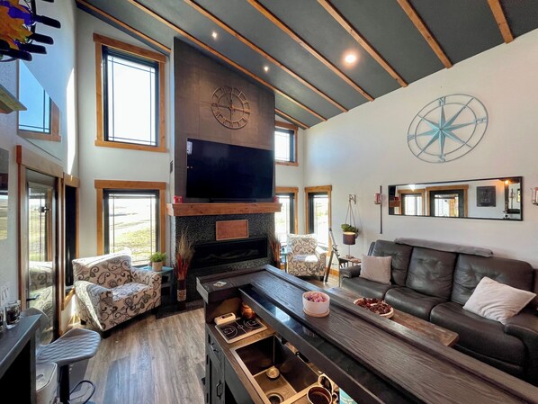 Smart TV, fireplace, video games, DVD player