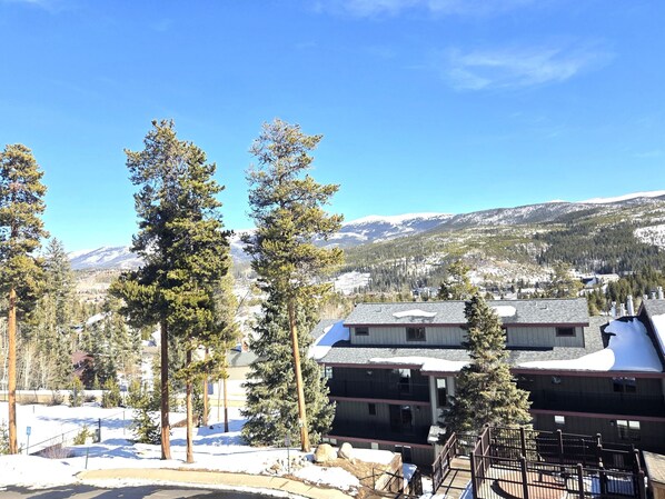 A building with a snow-covered roof, surrounded by tall evergreen trees and a mountainous backdrop.