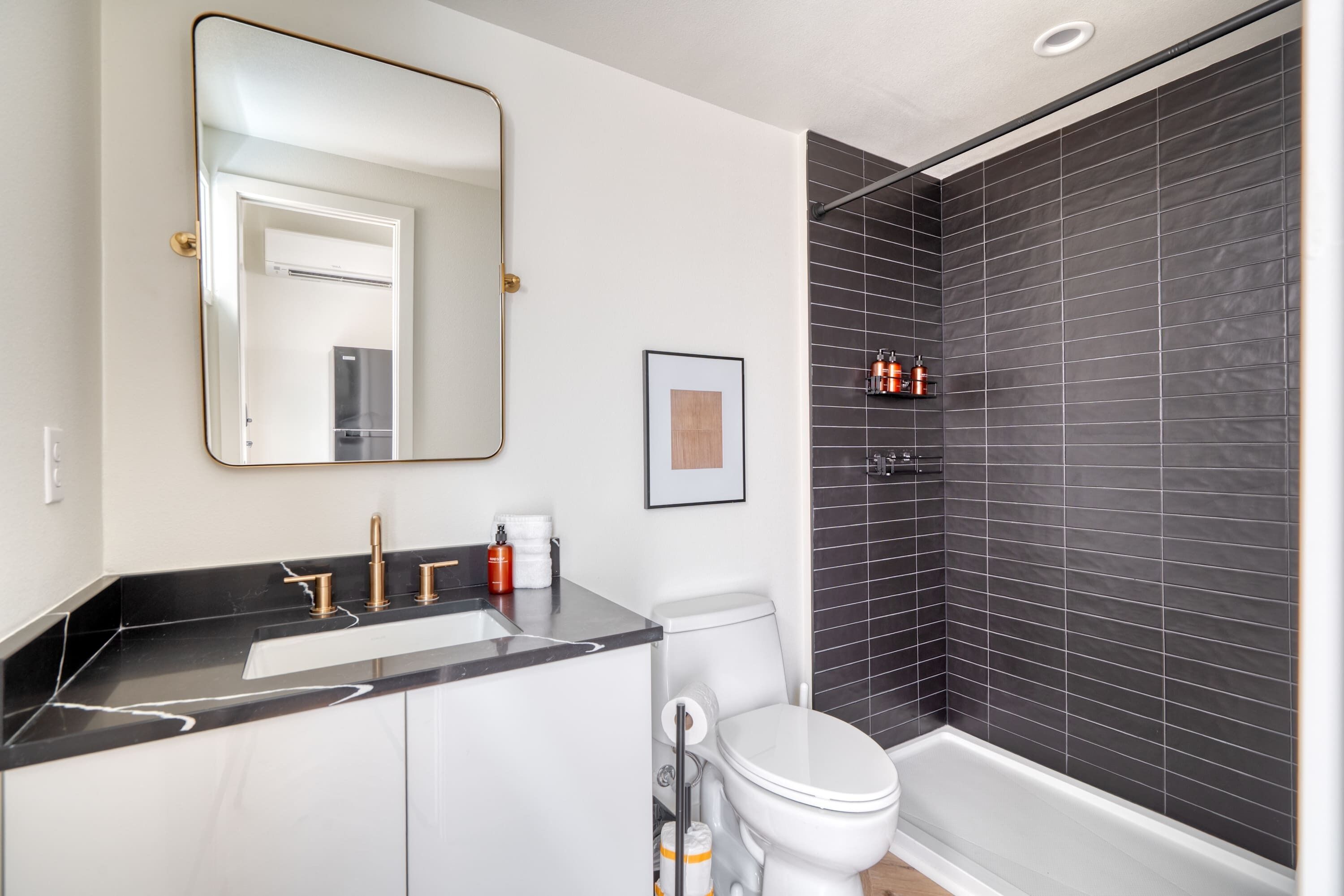 Chuveiro, secador de cabelo, toalhas de banho 