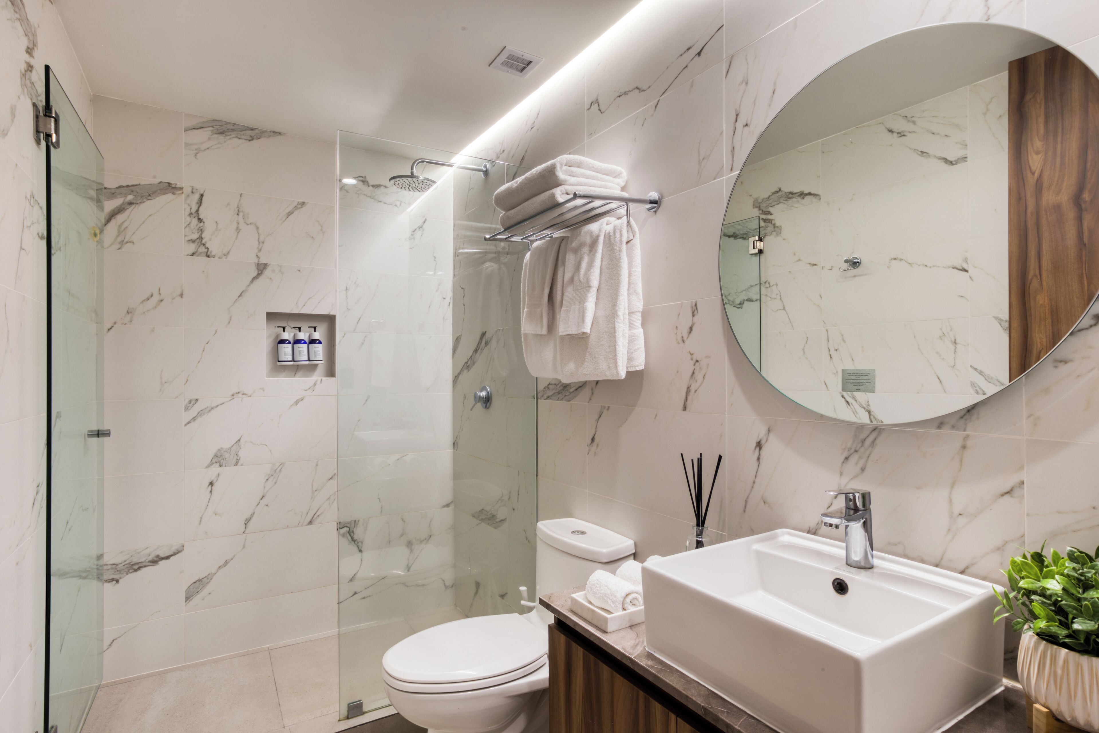 A modern bathroom with a glass-enclosed shower, a white toilet, a sink with a mirror, and a potted plant.