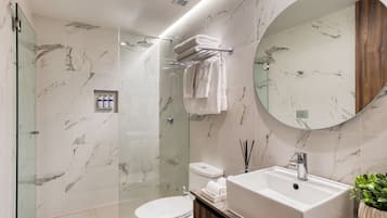 A modern bathroom with a glass-enclosed shower, a white toilet, a sink with a mirror, and a potted plant.