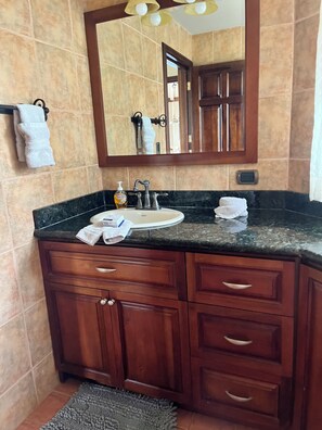 Chuveiro, secador de cabelo, toalhas de banho, sabonete