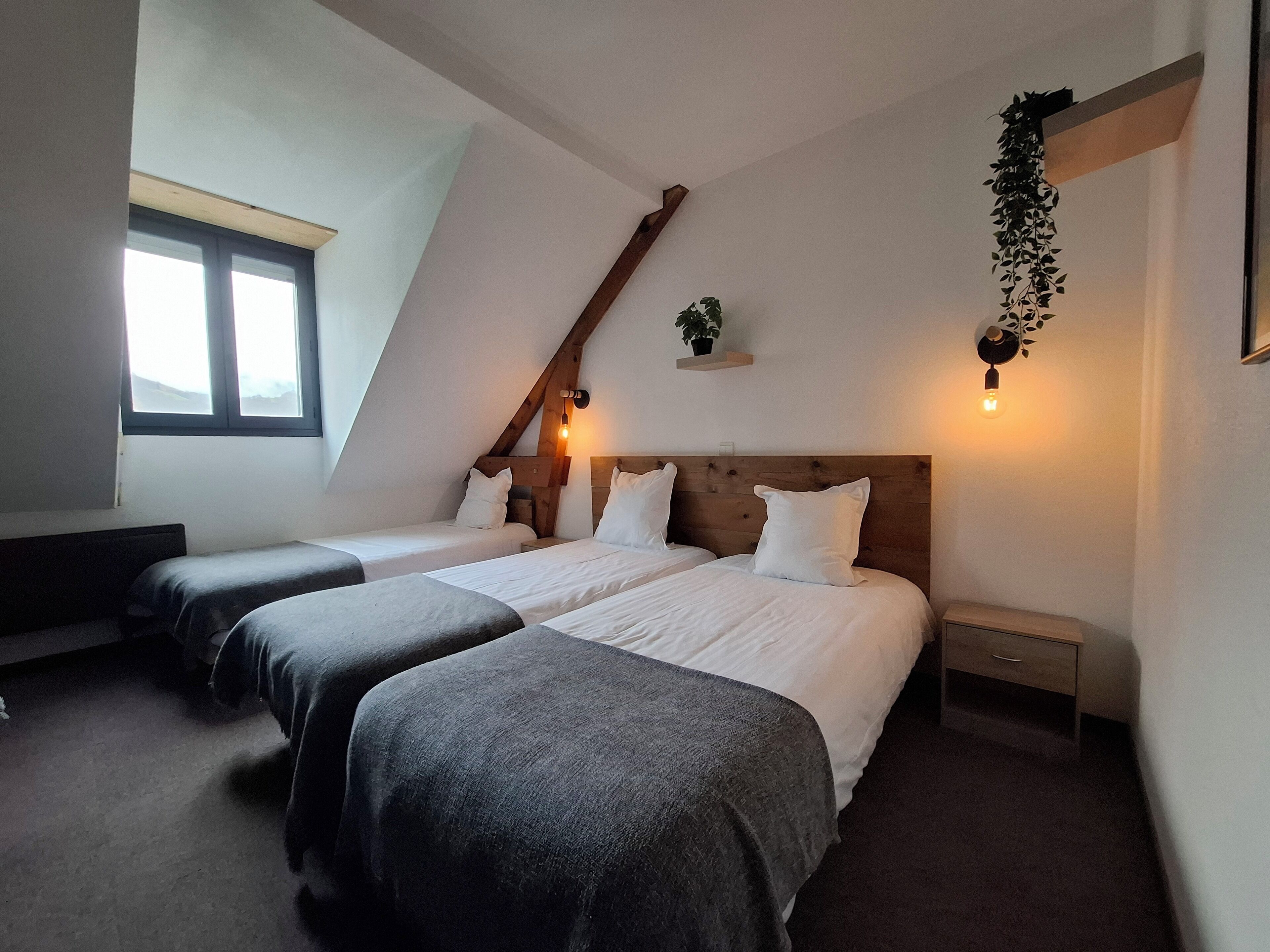 A bedroom with two beds, a sloped ceiling, and a window.