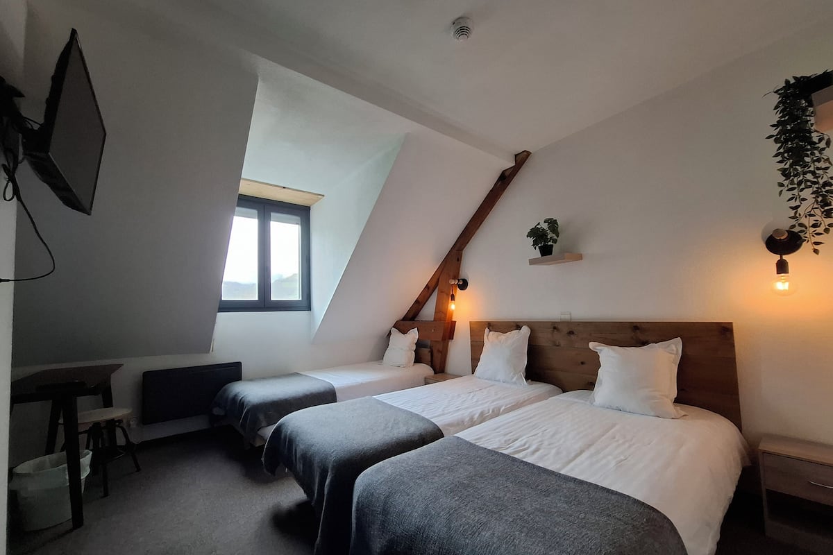 A room with two beds, a desk, and a window.