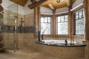 Shower, jetted tub, hair dryer, towels
