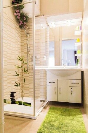 Hair dryer, towels, soap, toilet paper