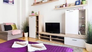 Un salon moderne avec un canapé, un téléviseur et des meubles de rangement.