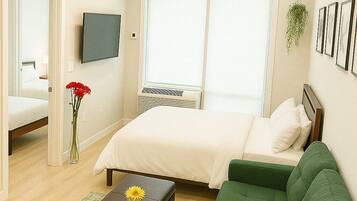 1 bedroom, desk, laptop workspace, iron/ironing board