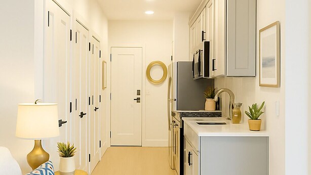 A compact hotel room with a bed, bedside lamp, and a small kitchenette.