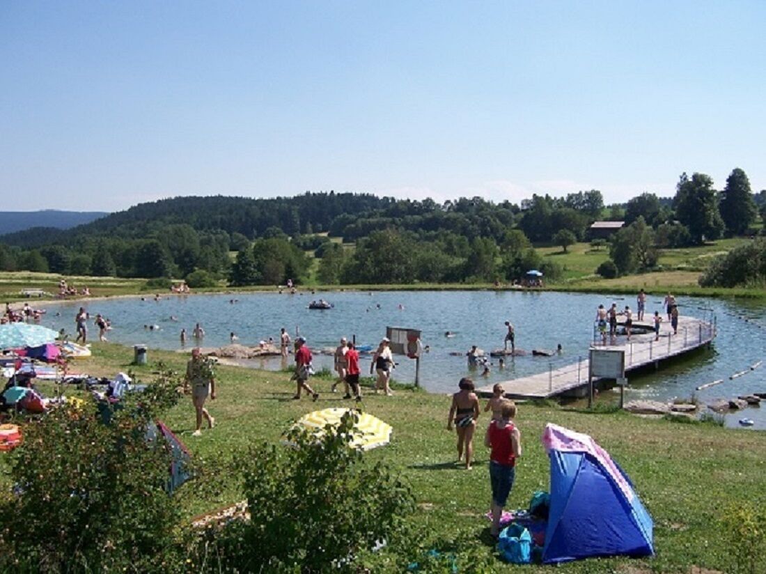 A lakeside campsite with tents, a dock, and people swimming and walking around.