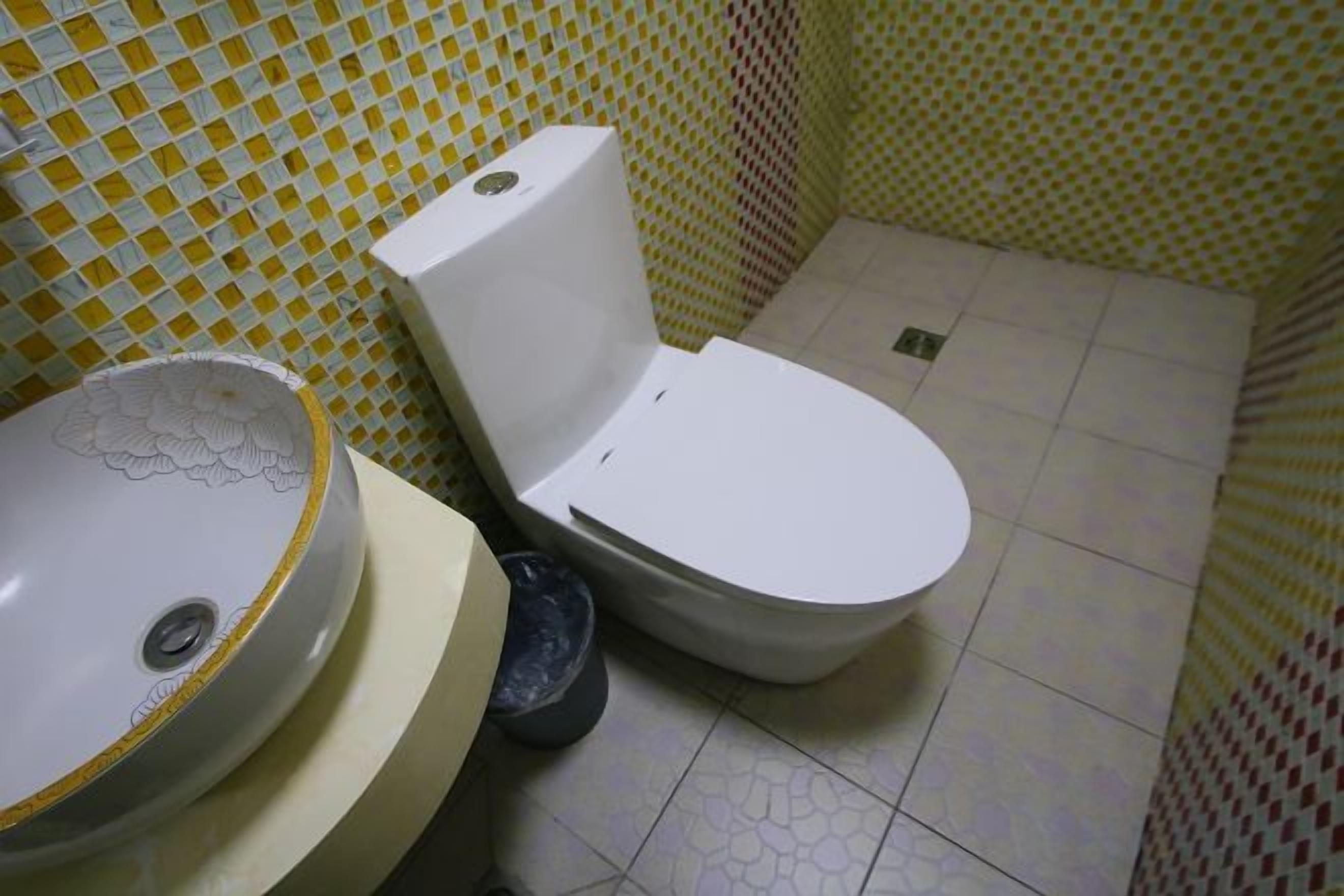 A bathroom with a toilet, sink, and patterned walls.