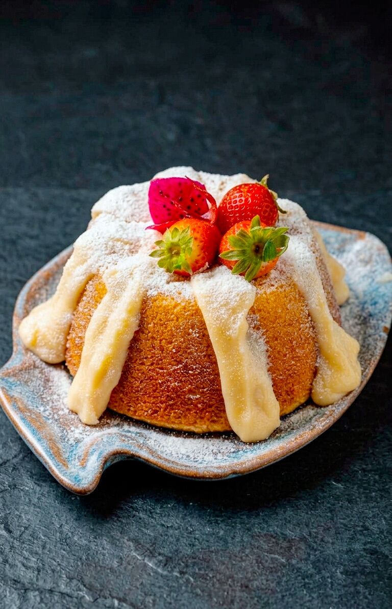 Un postre sobre un plato de cerámica con superficie texturizada.