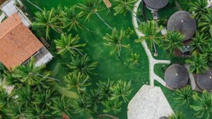 An aerial view of a beachfront property with a swimming pool, palm trees, and a beach area.