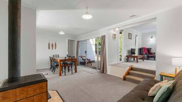 Televisie, een open haard en een tafeltennistafel