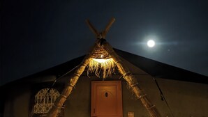 Een traditionele constructie met rieten dak, houten deur en een nachtelijke hemel in maanlicht.
