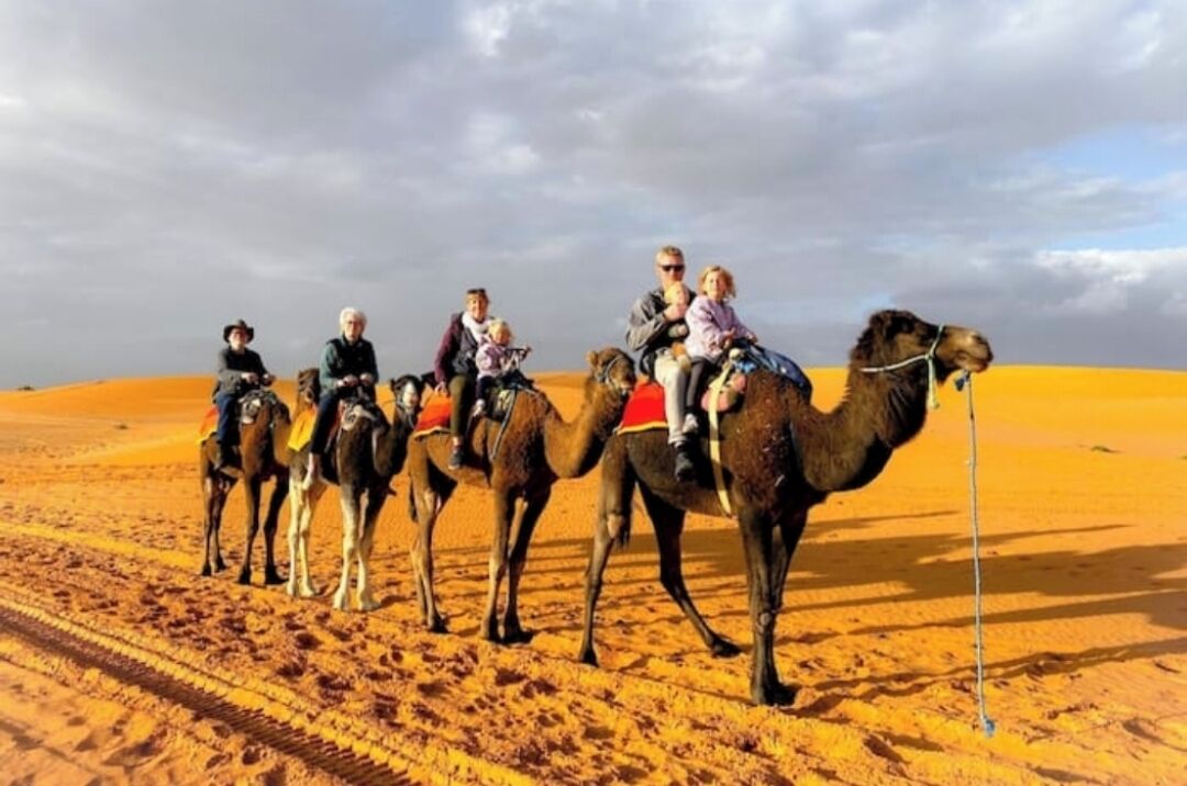 A group of people riding camels across a desert landscape.