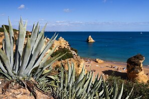 A coastal landscape with a beach, a rocky outcrop, and agave plants. - Inema Houses Amazing Sea View (Lagos)
