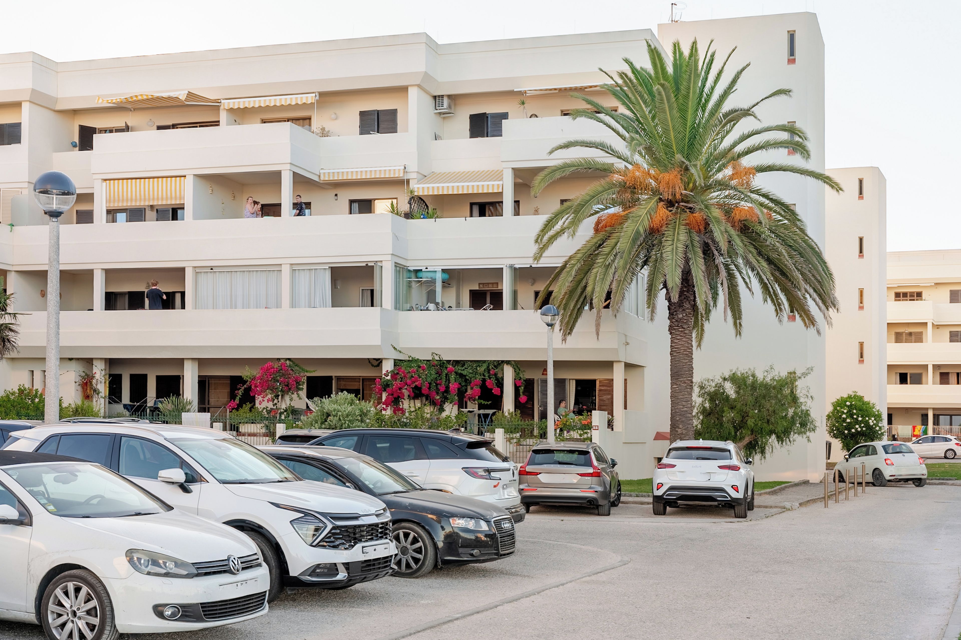 Un hotel de varios pisos con estacionamiento, que cuenta con una palmera y plantas con flores.
