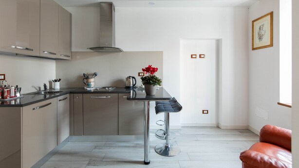 Una cocina moderna con un taburete de bar, electrodomésticos de acero inoxidable y una planta en maceta.