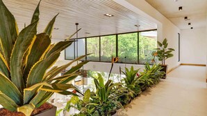 Ein modernes Interieur mit einer langen Reihe von Kübelpflanzen, großen Fenstern und einer Holzbalkendecke.