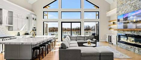 Smart TV, fireplace, DVD player, foosball