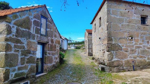 A narrow cobblestone street flanked by stone buildings with tiled roofs.
