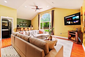 Smart TV, fireplace, video games, books