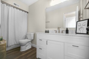 A bathroom with a toilet, a shower curtain, a vanity with a mirror, and a framed picture on the vanity. - Simonton Lake house with Pontoon, Kayaks, Ping Pong, Fire Pit, + Outdoor Darts (Elkhart)