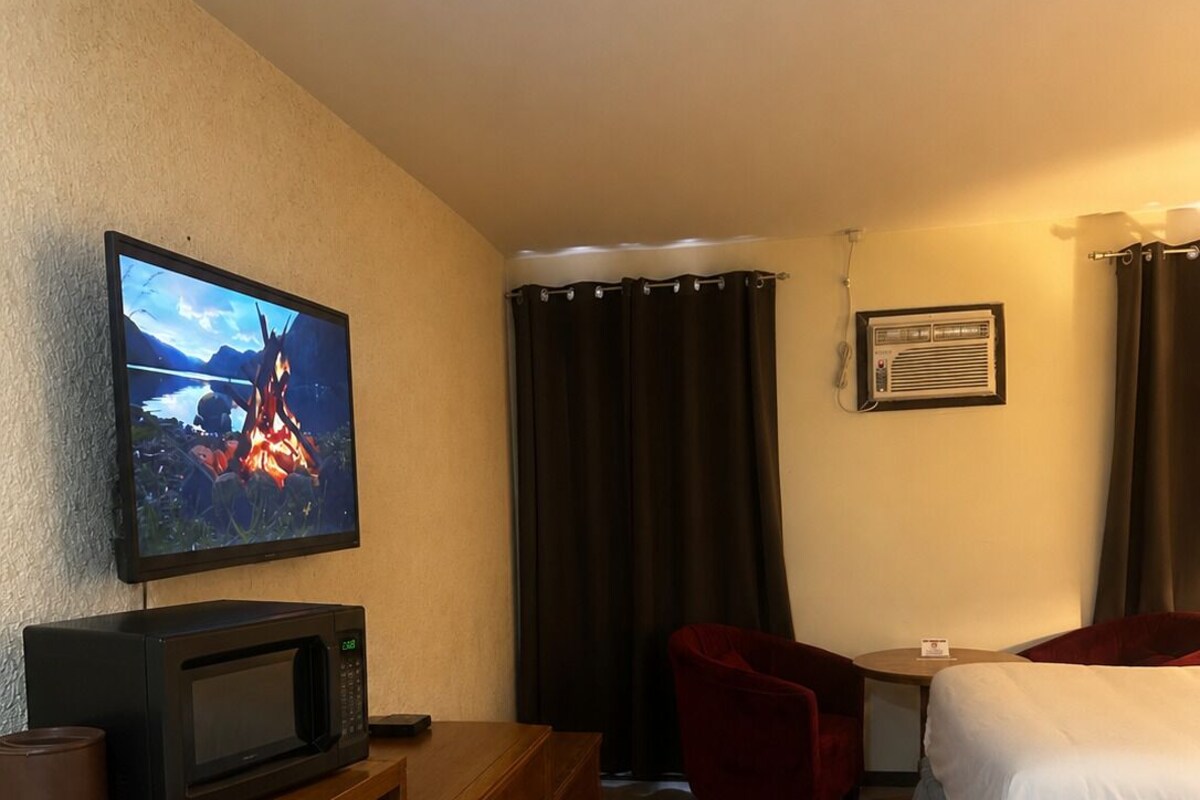 Quarto de hotel com televisão, micro-ondas, mini-frigorífico, escrivaninha, cadeira, cama e janela com cortinas.