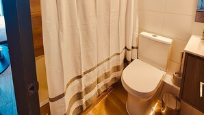 A bathroom with a shower curtain, toilet, and a trash bin. - Confort de Fray Camilo 171 (Santiago)