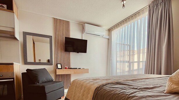 A modern bedroom with a large bed, a flat-screen TV, a desk, and a sofa. - Confort de Fray Camilo 171 (Santiago)