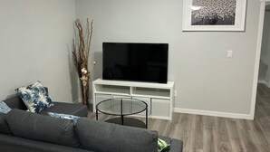 Ein Wohnzimmer mit grauem Sofa, einem Flachbildfernseher auf einem weißen Schrank, einem kleinen runden Tisch und einer Zimmerpflanze.