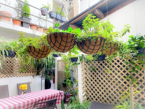 Eine Terrasse mit einem karierten Tisch, hängenden Pflanzgefäßen mit Grünpflanzen und einer Spalierwand.
