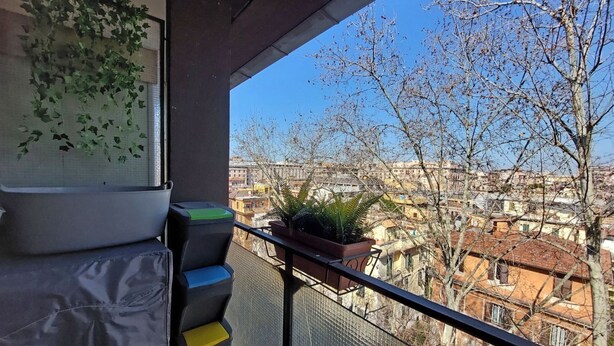 A balcony with a view of a cityscape, a potted plant, and a mesh railing.
