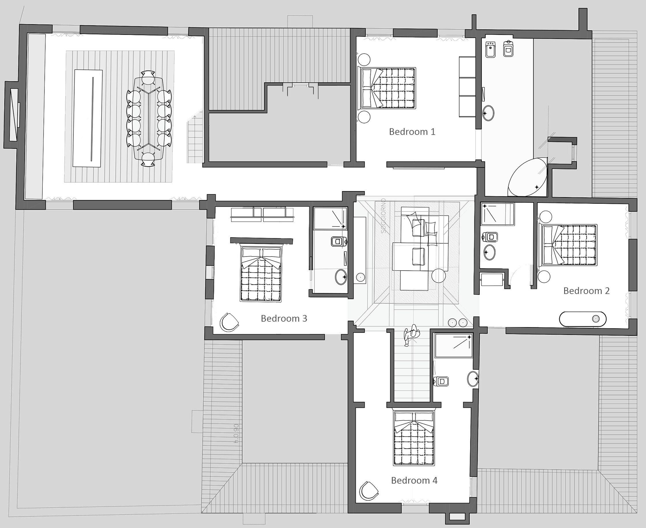 A floor plan with four bedrooms, a bathroom, and a living area with a dining table.