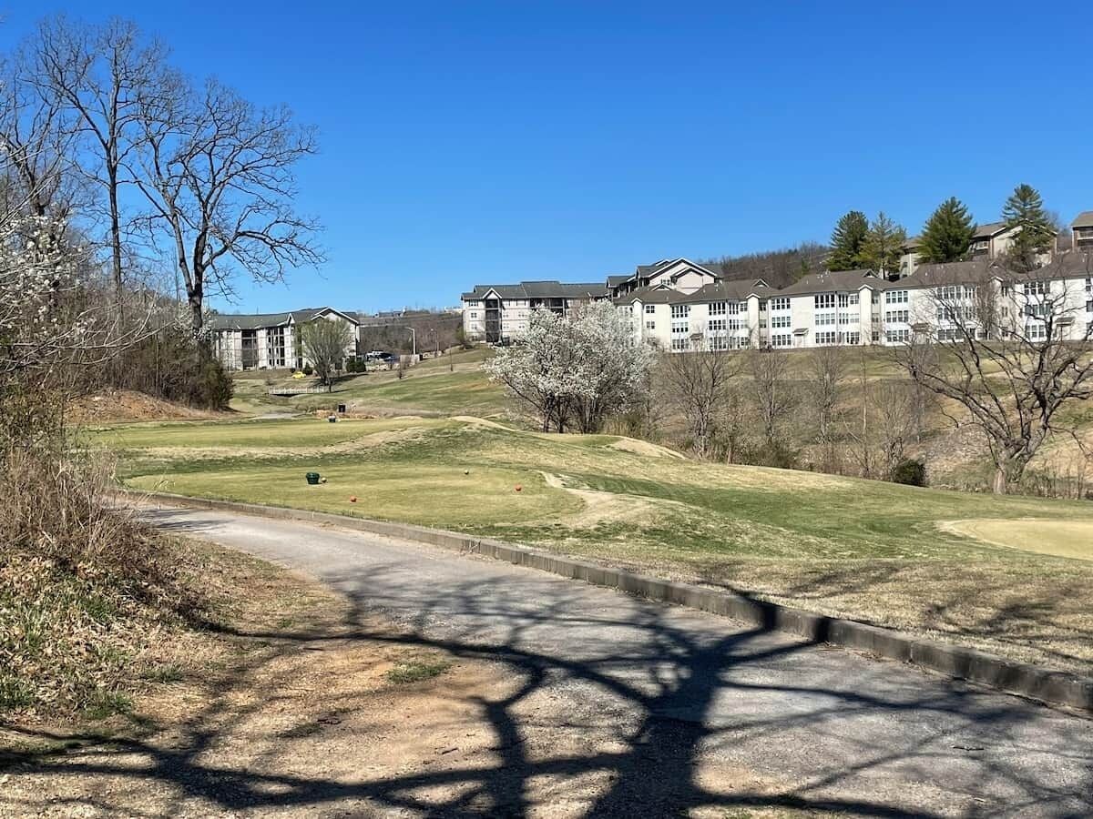 A residential area with a paved path leading to a building complex.