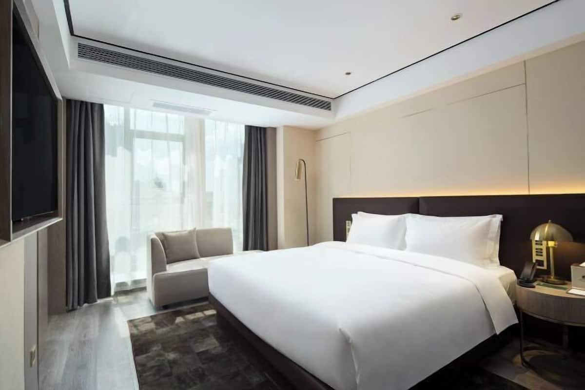 Une chambre d’hôtel moderne dotée d’un grand lit, d’un coin salon, d’une télévision à écran plat et d’une table de chevet avec une lampe.